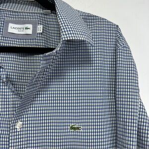 Lacoste Slim Fit Dress Shirt Blue White Check Cotton Button Down Size L XL